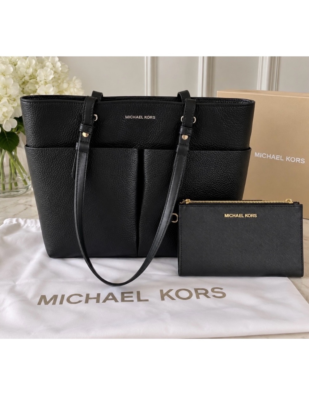 Michael Kors Black Pebbled Leather Tote with Matching Zip Pouch - LIKE NEW